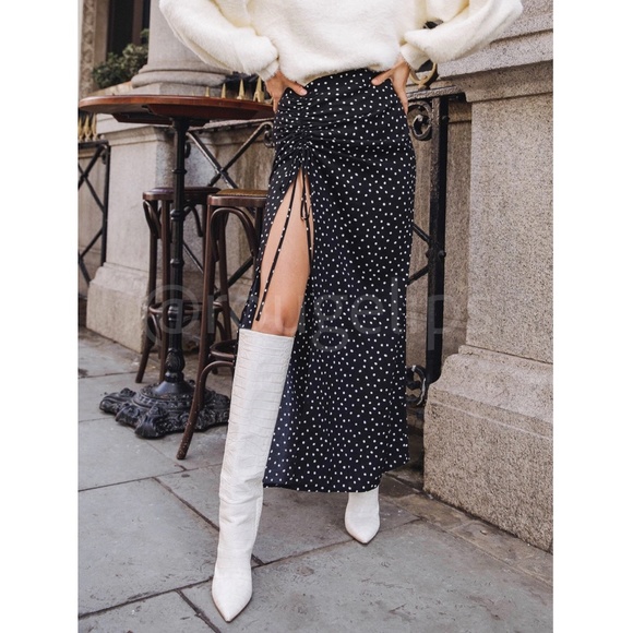 Rouge! Dresses & Skirts - White on Black Polka Dot Maxi Skirt Ruched Leg Slit Ties Drawstring